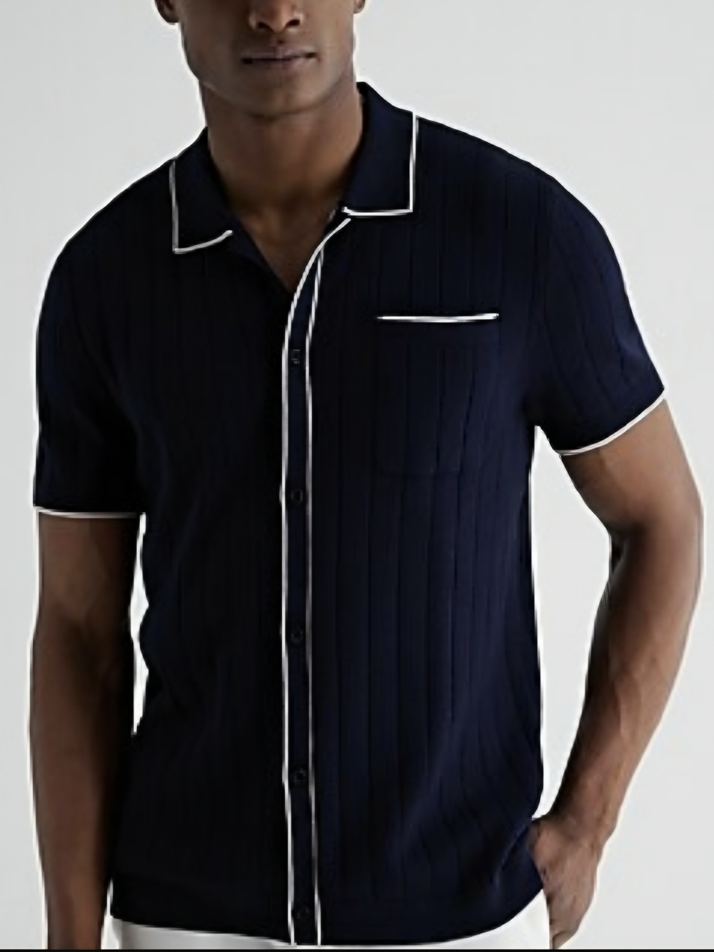 Express Mens BLUE RIBBED COTTON SHORT SLEEVE SWEATER POLO Size Large Tall